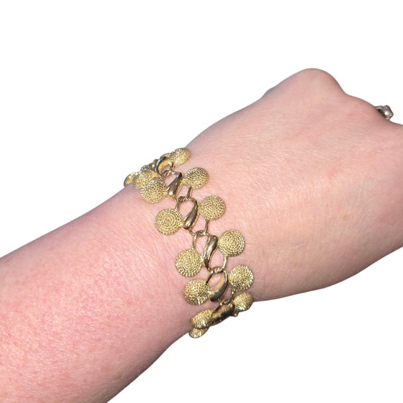 Unmarked VTG MCM Gold Tone Textured Double Disc Link Necklace & Bracelet Set - Picture 6 of 8